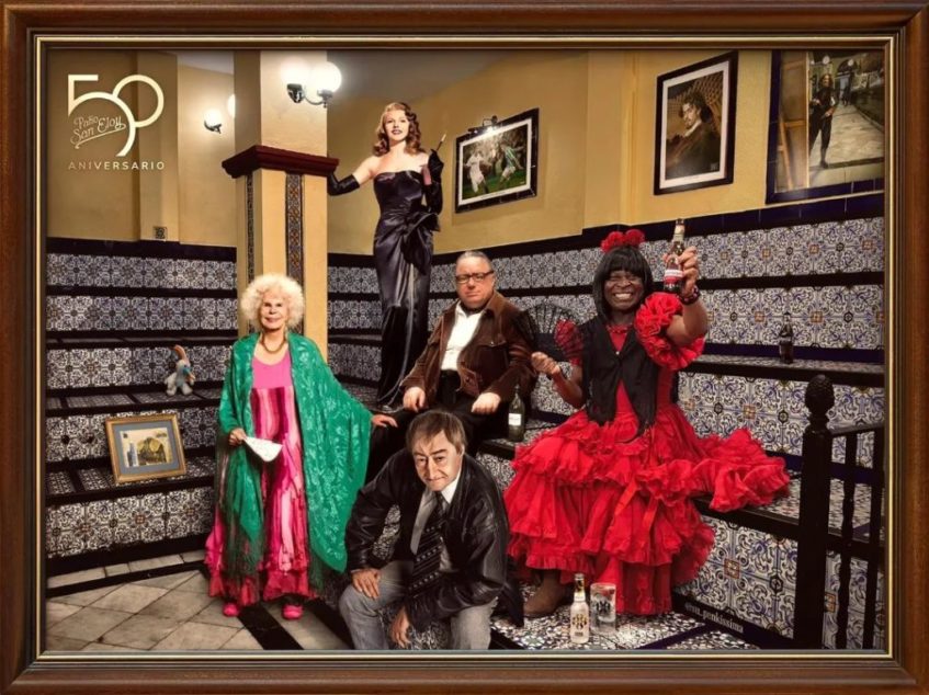 Rita Hayworth, la duquesa de Alba, El Pali, Howard Jackson y Silvio, entre otros, protagonizan el Cartel del 50 aniversario de El Patio. Foto cedida por el establecimiento